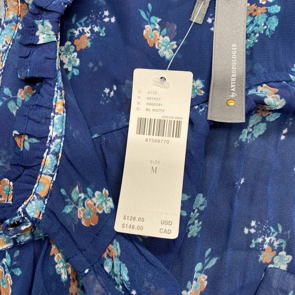 Anthropologie Sheer Babydoll‎ Blouse Blue Floral Size M Festival Boho Hippie NEW - Picture 5 of 11